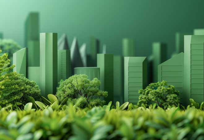 City model with green plants