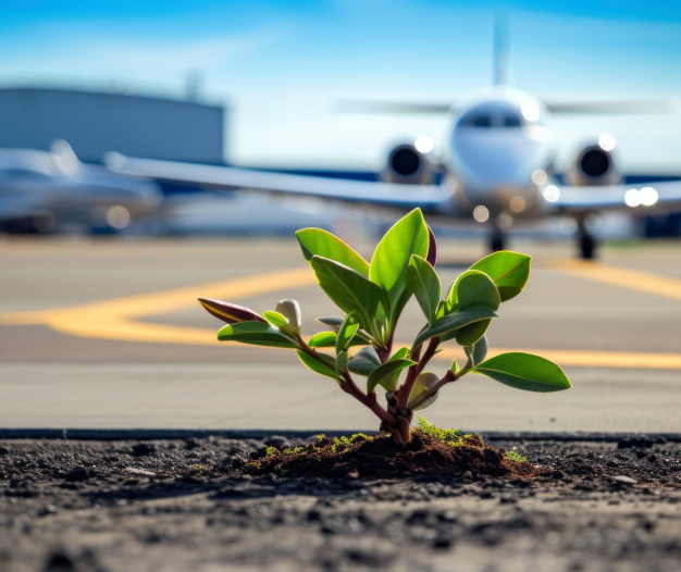 Plant in airport with an airplane in background