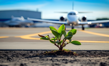 Plant in airport with an airplane in background