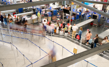 Baggage drop-off area before boarding