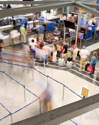 Baggage drop-off area before boarding