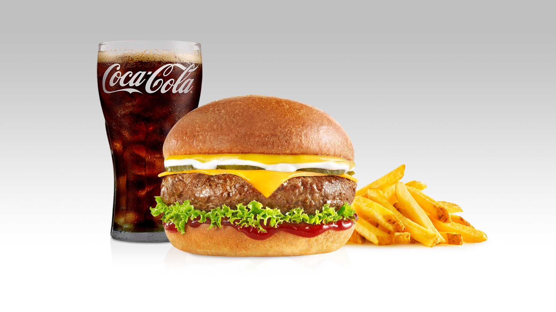 cheeseburger, fries and coke