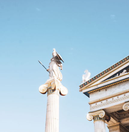 Pediment of Athens academy and statue Of Athens goddess