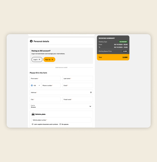 UI of personal details for booking parking spaces