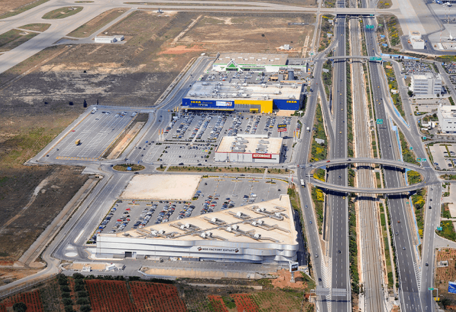 Top view of Athens International Airport facilities and buildings