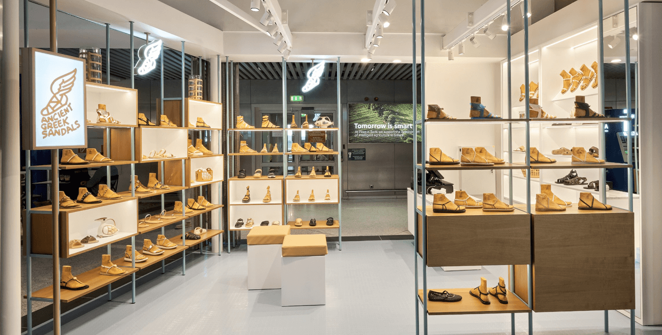 Interior of Ancient Greek shop showing shoes in Athens International Airport