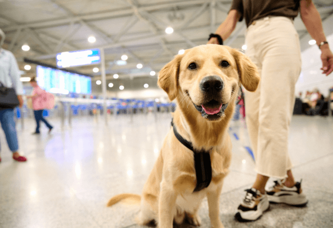 Traveler with a dog at Athens International Airport